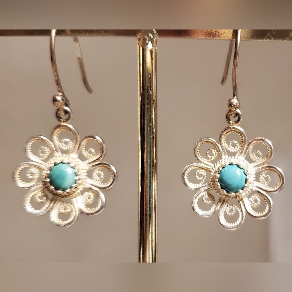 Flower Dangle Drop Sterling Silver 925 Hook Earrings, Blue Stone